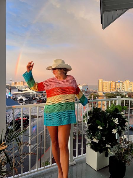 Rainbow crochet long sleeve coverup tunic from show me your mumu via revolve, perfect beach coverup, sunset vacation coverup 

#LTKswim #LTKstyletip #LTKcurves