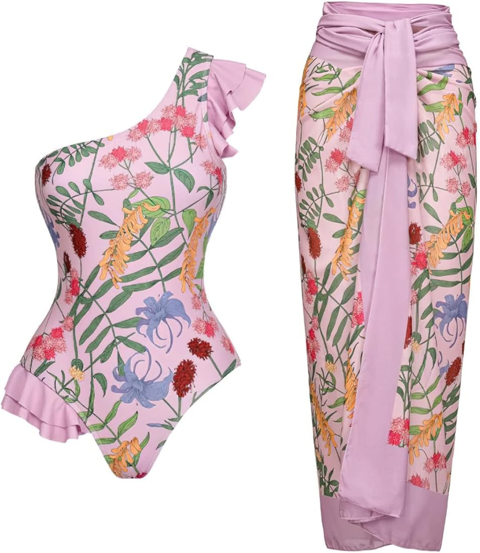 Women One Piece Swimsuit Summer Swimwear Piece Cover UP Two Piece with Sarong Wrap Two Vintage Mo... | Amazon (US)