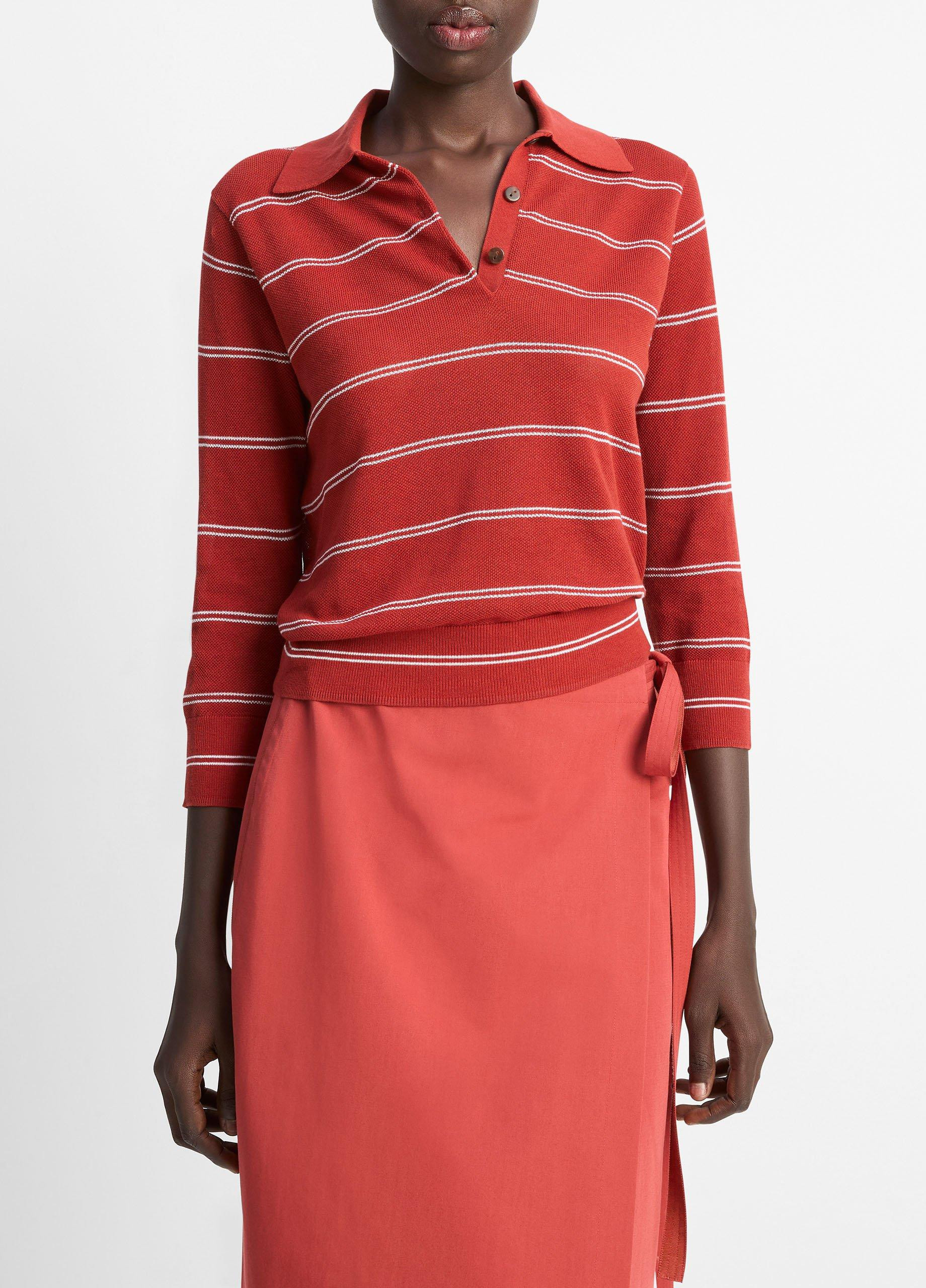 Women's Striped Italian Cotton Piqué Polo Shirt, Brick Rose/off White, Size XS Vince | Vince LLC
