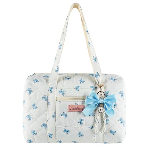 Coquette Bag with Ribbon Pearl Bow - Blue Cute Travel Bag Bow Tote Bags,Floral Quilted Duffle Bag for Women Girls,Coquette Aesthetic Y2K Shoulder Bags,Weekend Bag for Travel Trip Work | Amazon (US)