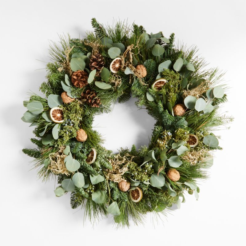 Live Greens, Walnuts & Slice Wreath 26" | Crate & Barrel | Crate & Barrel