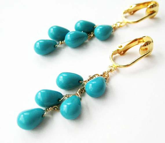 Turquoise Clip On Earrings, Glass Teardrop Cascade, Gold Clip Earrings, Sky Blue Smooth Glass Dro... | Etsy (US)