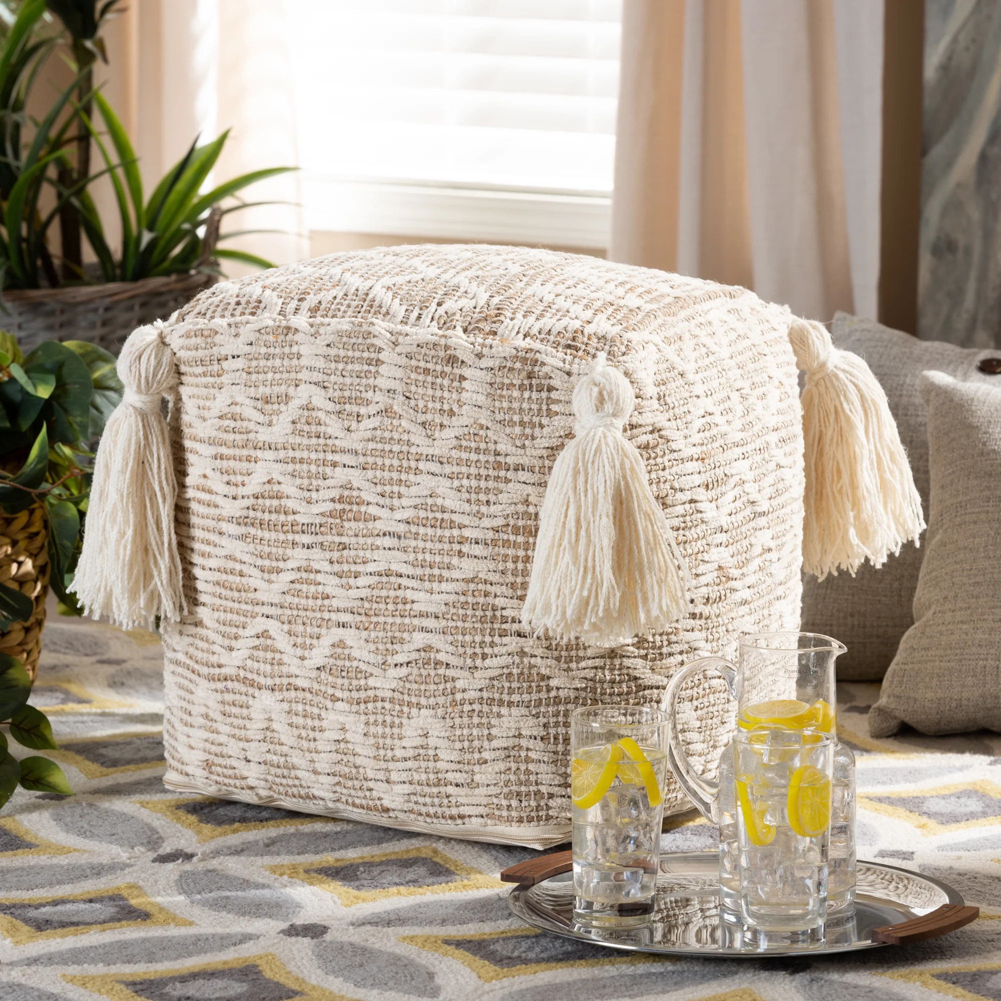 Baxton Studio Noland Moroccan Inspired Natural and Ivory Handwoven Cotton and Hemp Pouf Ottoman | Walmart (US)
