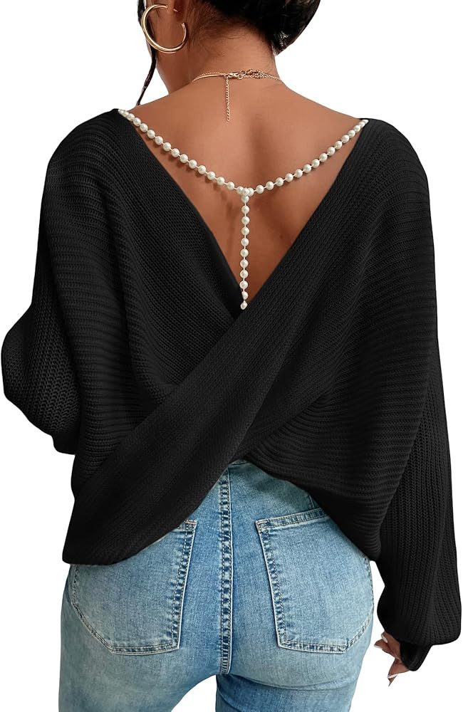 MakeMeChic Women's Pearls Chain Twist Open Back Boat Neck Long Sleeve Sweater Pullover Top | Amazon (US)