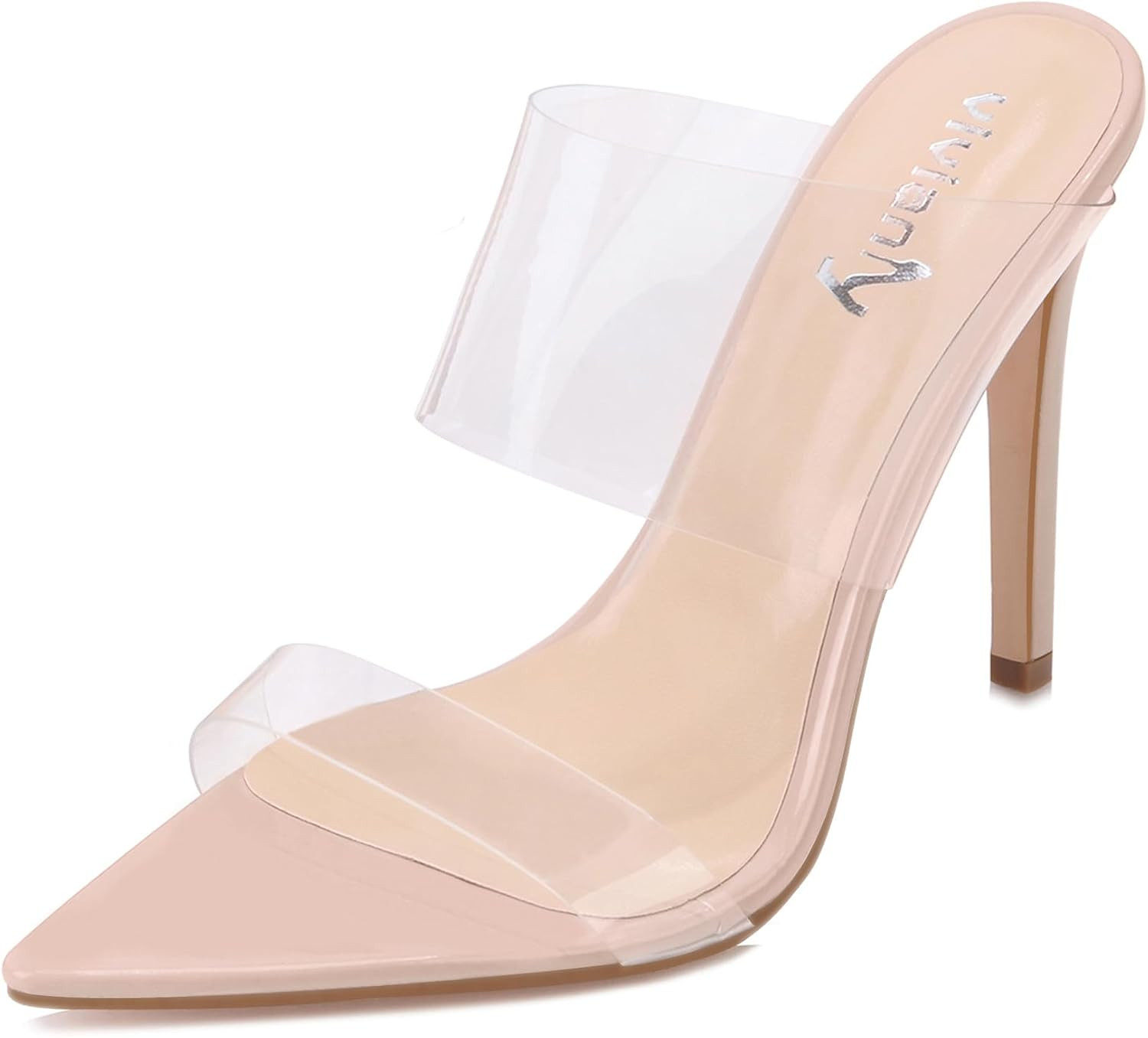 vivianly Clear Pointed Toe Heels Sandals Transparent Strap Stiletto High Heels Slip on Mules for Women | Amazon (US)