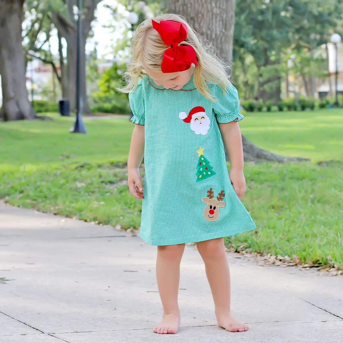 Santa Christmas Tree And Deer Applique Green Collared Dress | Classic Whimsy