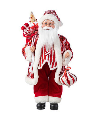 Glitzhome 18" Faux Fur Christmas Peppermint Santa Figurine - Macy's | Macy's