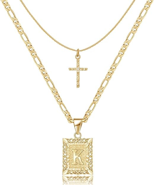 KELORIS PATH Gold Layered Initial Cross Necklace, 14K Gold Plated Layering Square Letter Pendant ... | Amazon (US)