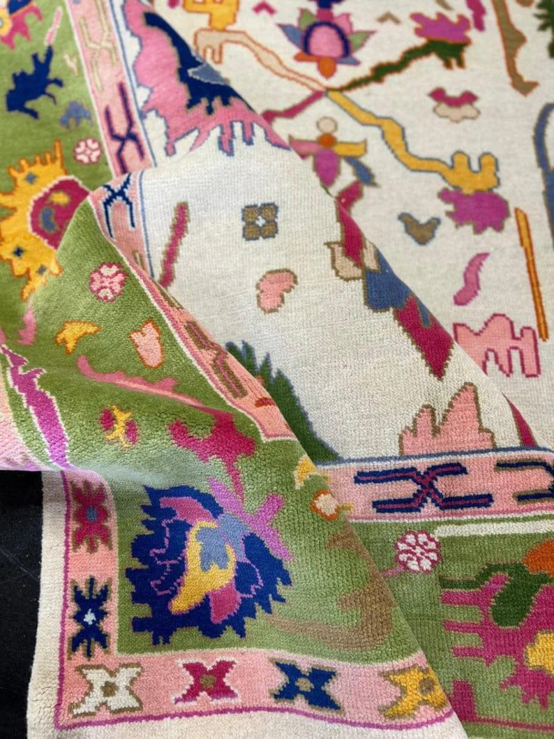 Handmade Oushak Rug, Colorful Wool Floral Carpet, Vintage Boho Living Room Ivory Rug | Etsy (Global)