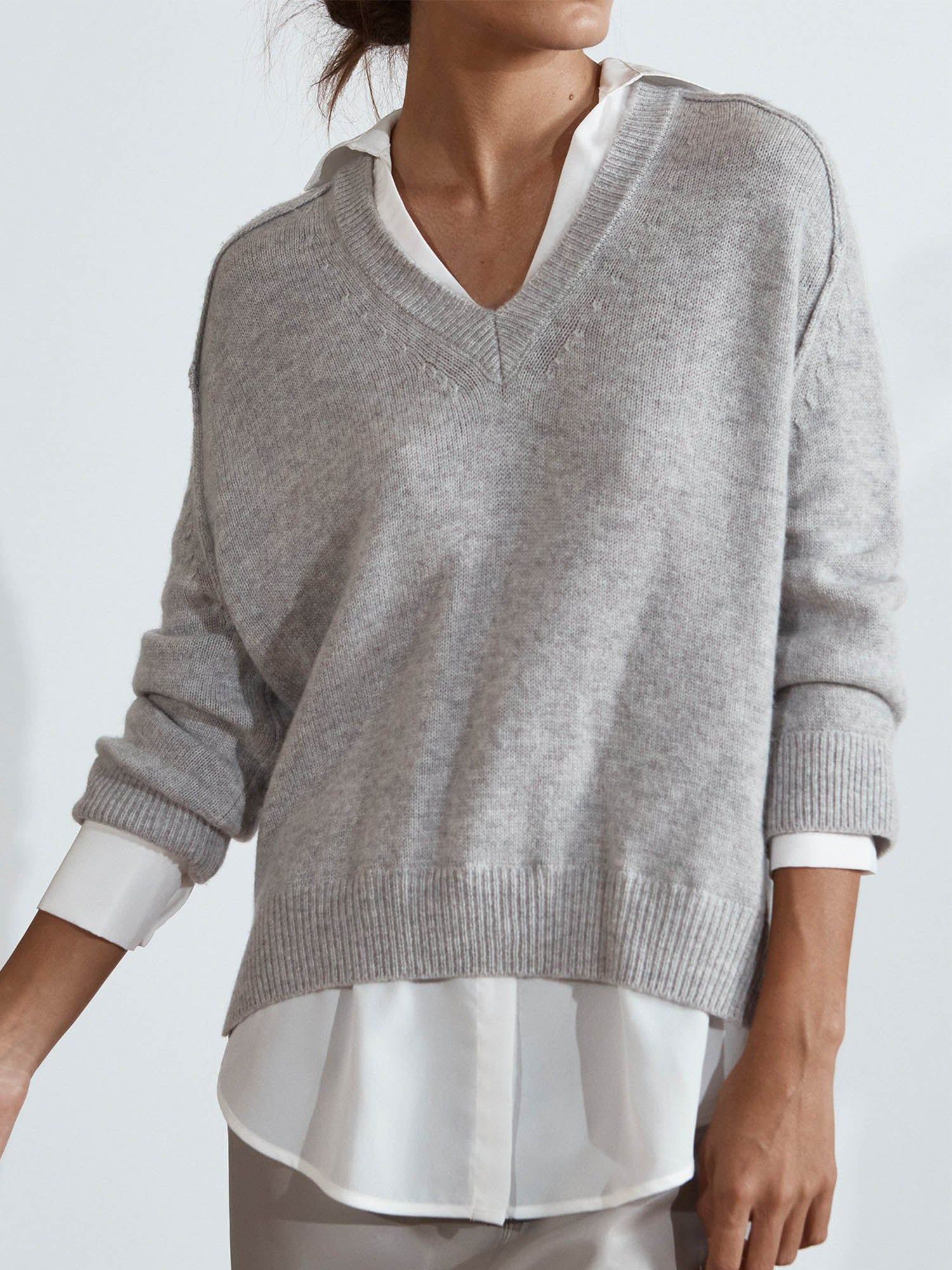 Brochu Walker | Women's V-neck Layered Pullover Sweater in Vail Grey with White | Brochu Walker