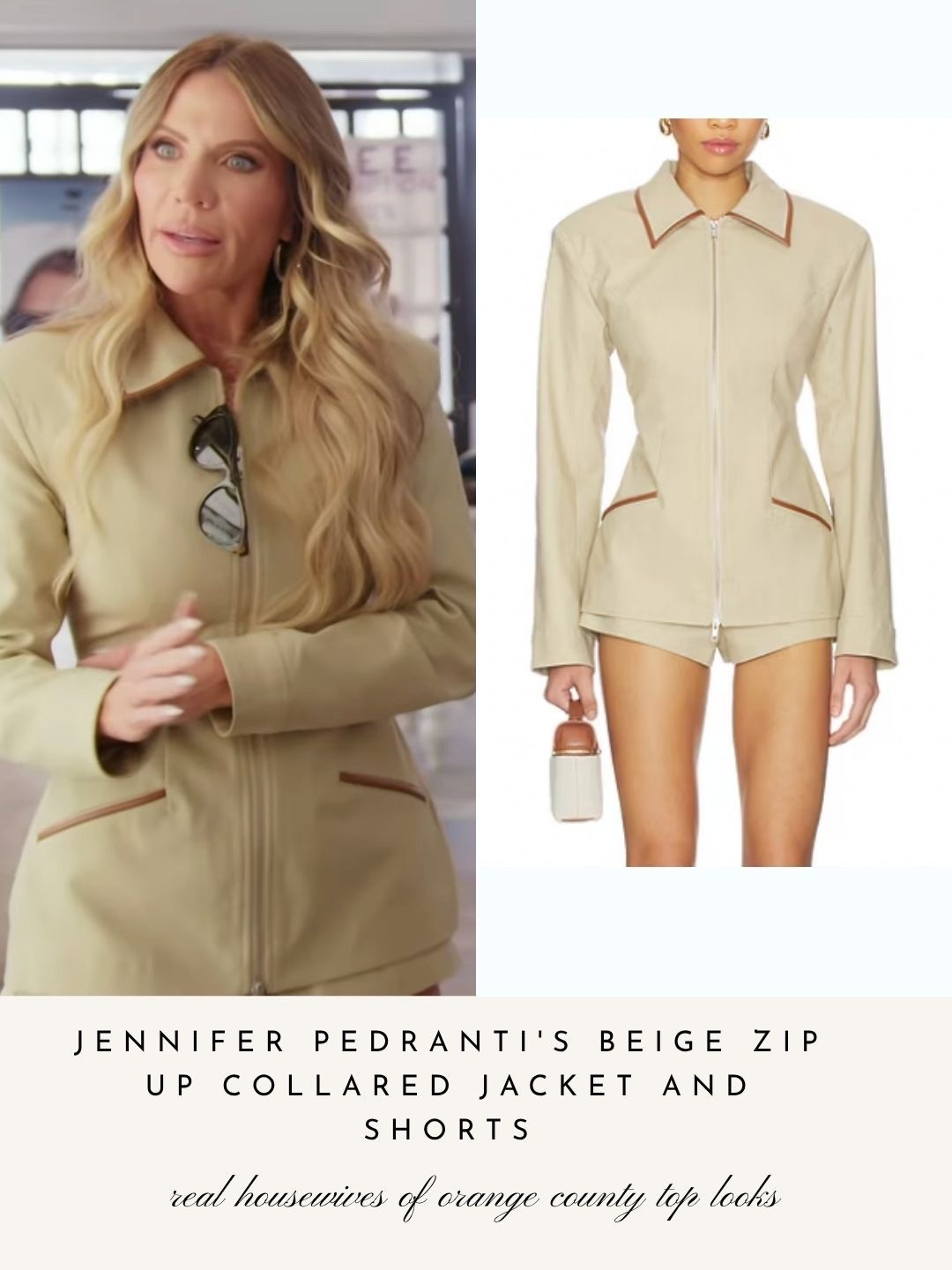 Jennifer Pedranti’s Beige Zip Up Collared Jacket and Shorts