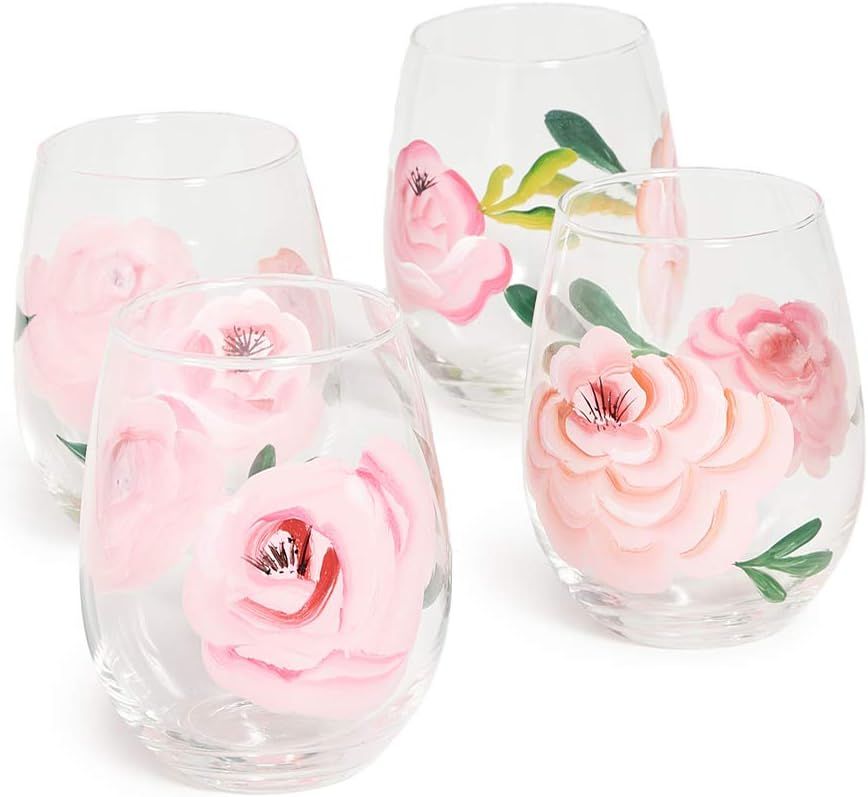Two's Company In Full Bloom Roses Stemless Wine Glass, Set of 4, Hand-Painted | Amazon (US)