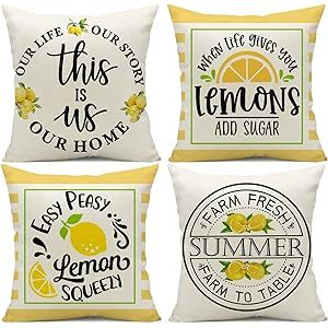 pinata Lemon Summer Pillow Covers 18x18'' Yellow Blue Buffalo Plaid Decorative Throw Pillow Cases... | Amazon (US)