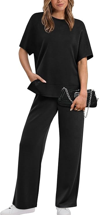XIEERDUO Women's Side Slit Lounge Sets 2 Piece Travel Outfits Airport Tracksuit Oversized Wide Le... | Amazon (US)