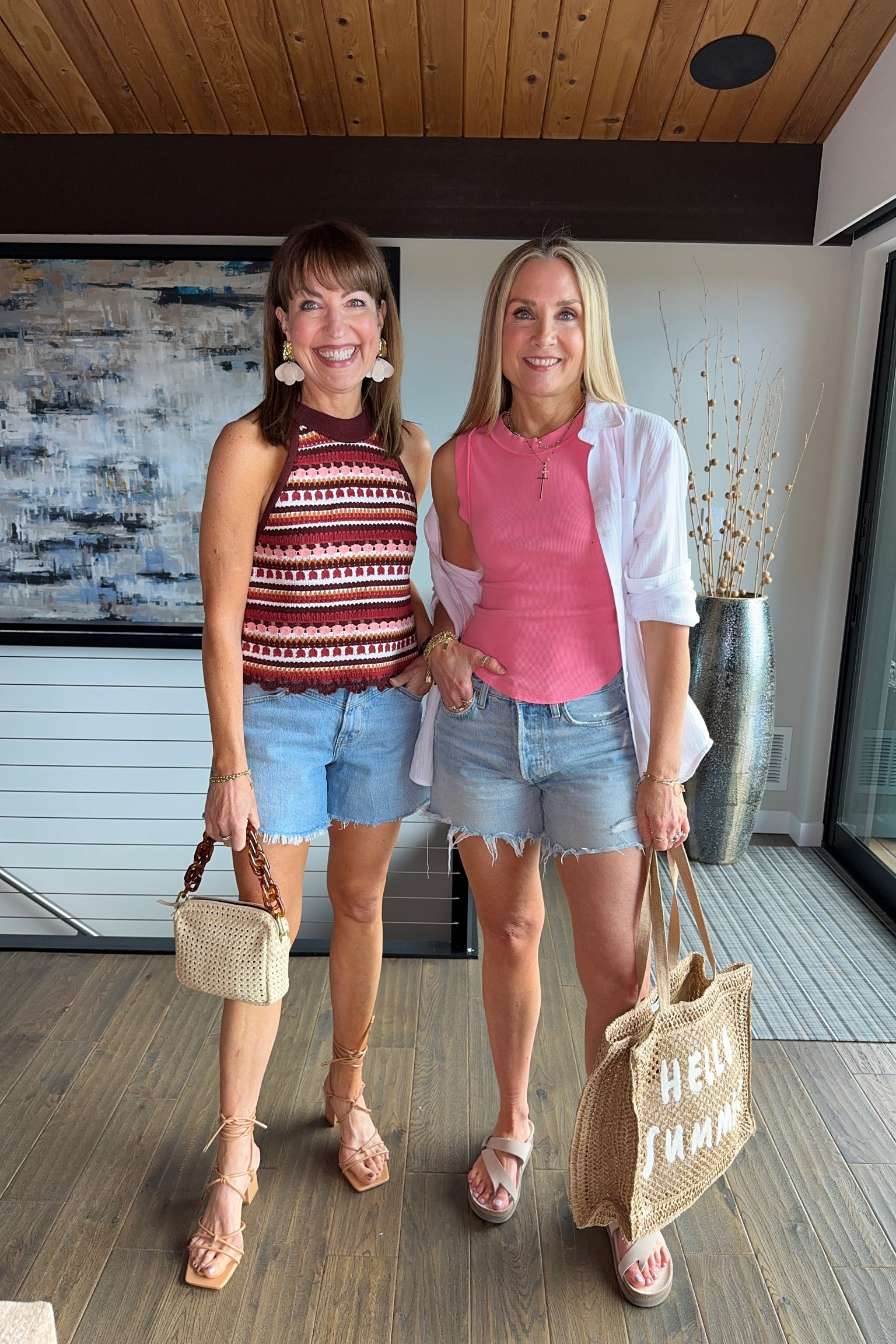 Cute denim shorts outfits! Sezane crochet halter top, Abercrombie dad shorts, free people tank and splendid gauze button up, agolde Parker long denim cutoffs. Mephisto sandals, ankle wrap heels, summer outfits, vacation outfits 

#LTKTravel #LTKFindsUnder100 #LTKStyleTip