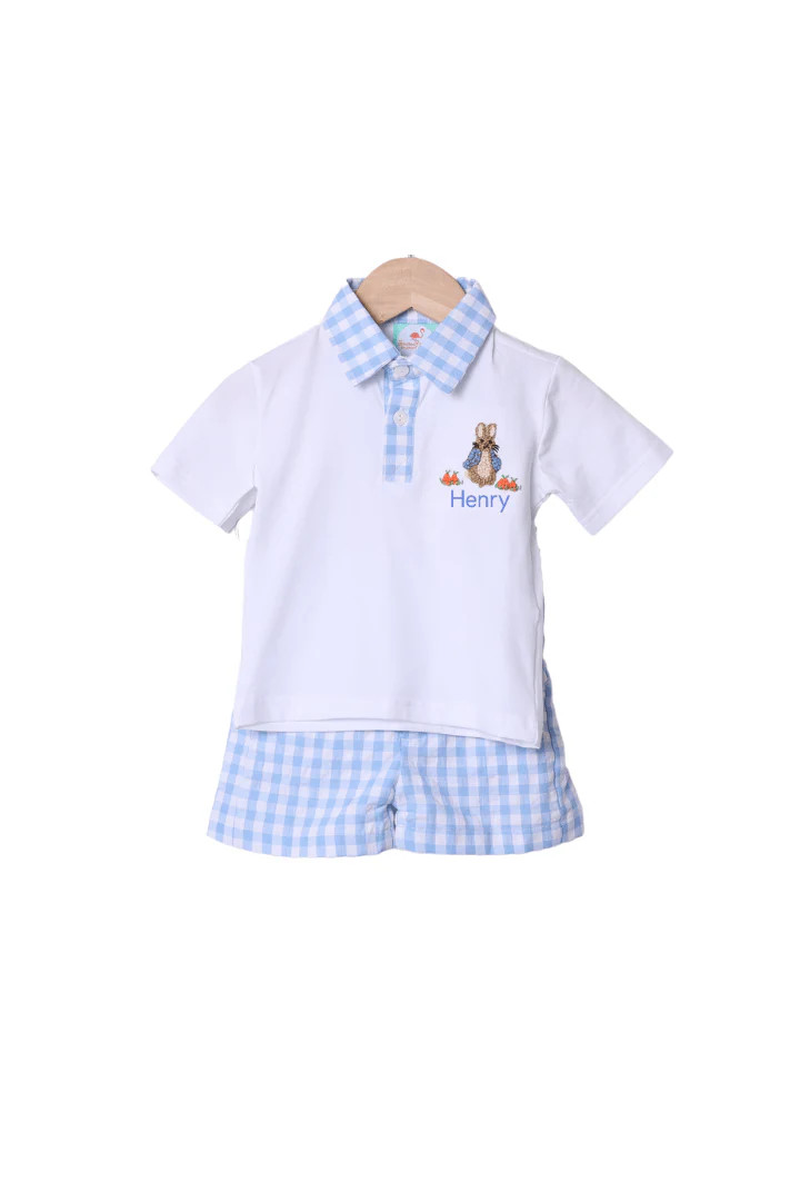 French Knot Peter Rabbit Blue Seersucker Polo Short Set | The Smocked Flamingo