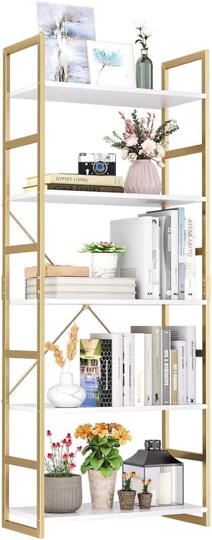 5 Tier Bookshelf, Industrial Gold Bookcase with Metal Frame, Modern Display Shelves Plant Flower Stand Rack for Bedroom Living Room Home Office, White and Gold | Amazon (US)