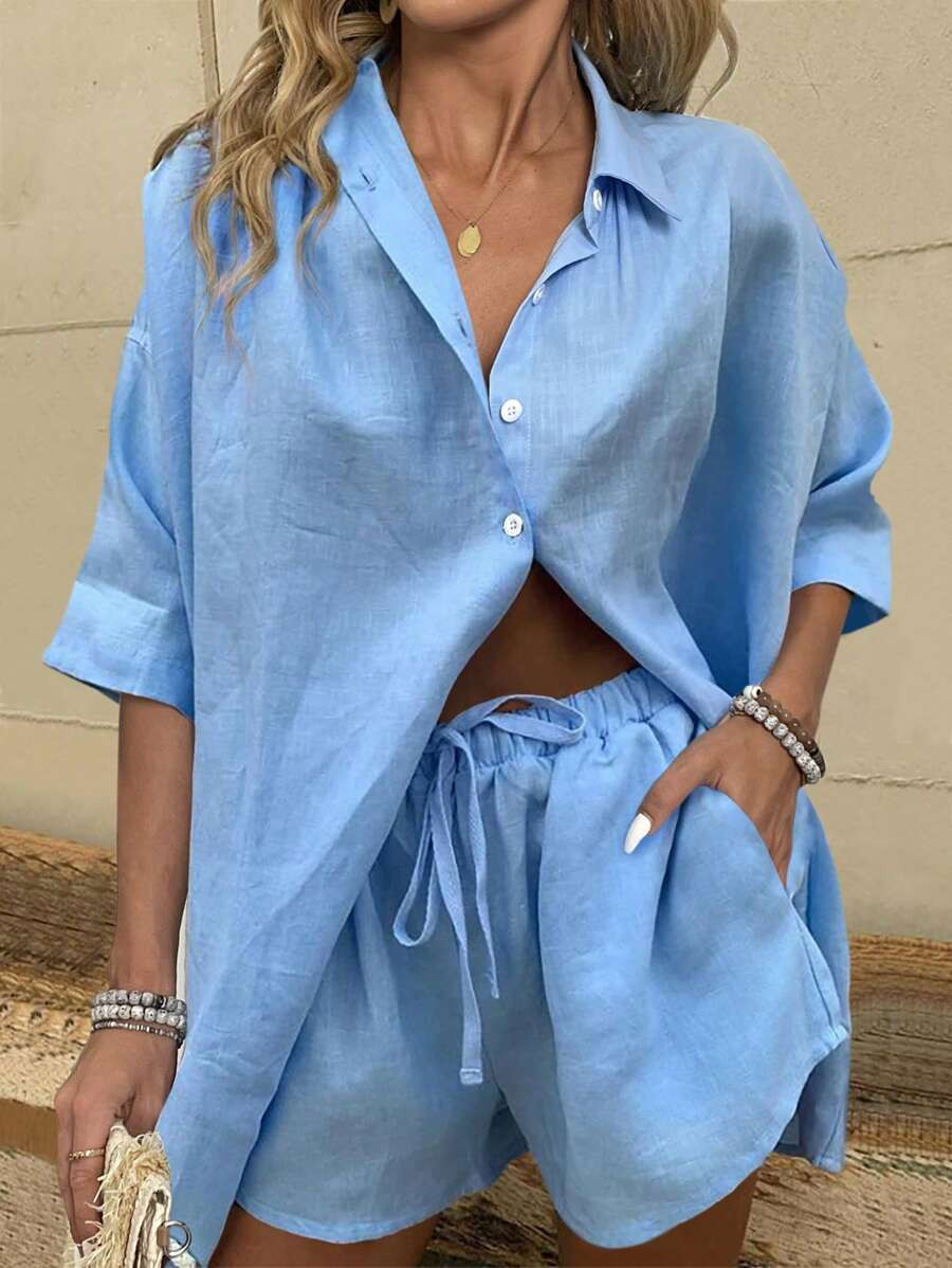 EMERY ROSE Women's Vacation Leisure Solid Color Casual Drop-Shoulder Short Sleeve Shirt And Short... | SHEIN