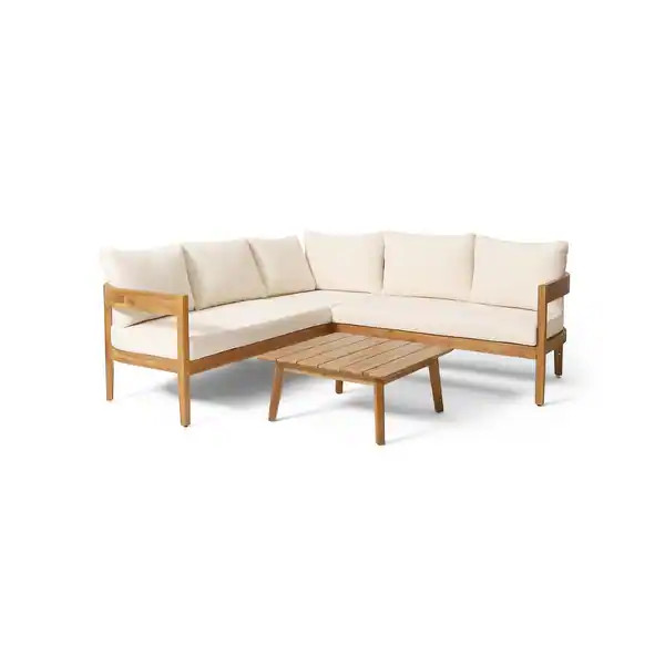 Brooklyn Outdoor Acacia Wood 5 Seater Sectional Sofa Chat Set with Cushions by Christopher Knight... | Bed Bath & Beyond