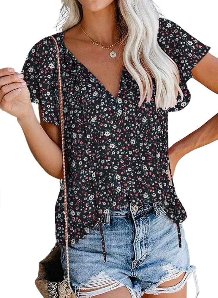 SimpleFun Women's Boho Tops Floral V Neck Short Sleeve Summer Blouse Shirts | Amazon (US)