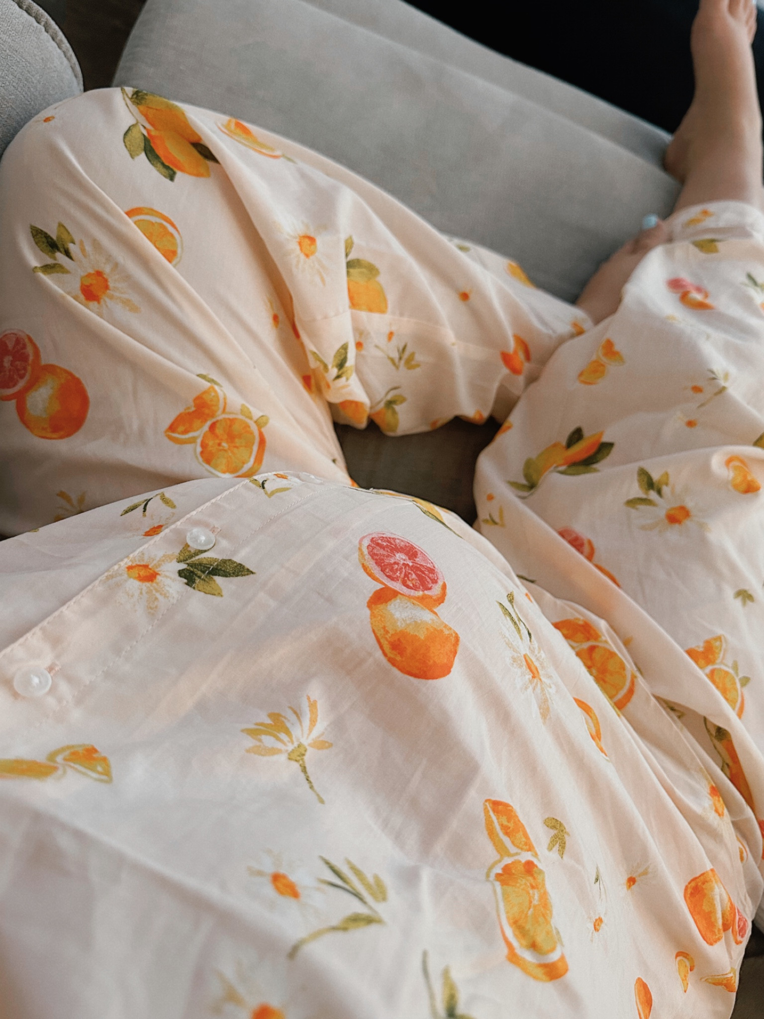 Close up / detail shot on these adorable matching pjs. 

Women’s pajama set from Old Navy / fruit and citrus style — perfect and light weight cozy for summer!

Sized up for bump friendly :). 

#LTKSeasonal #LTKbump #LTKunder50