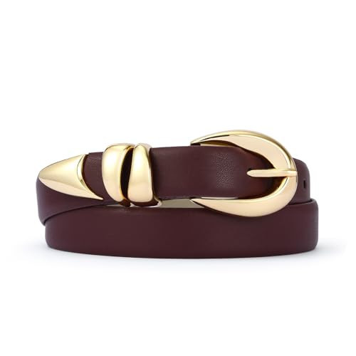 RISANTRY Burgundy Leather Belt for Women Stylish Design with Gold Buckle Ladies Wine Red Belt Perfect for Jeans Dresses | Amazon (US)