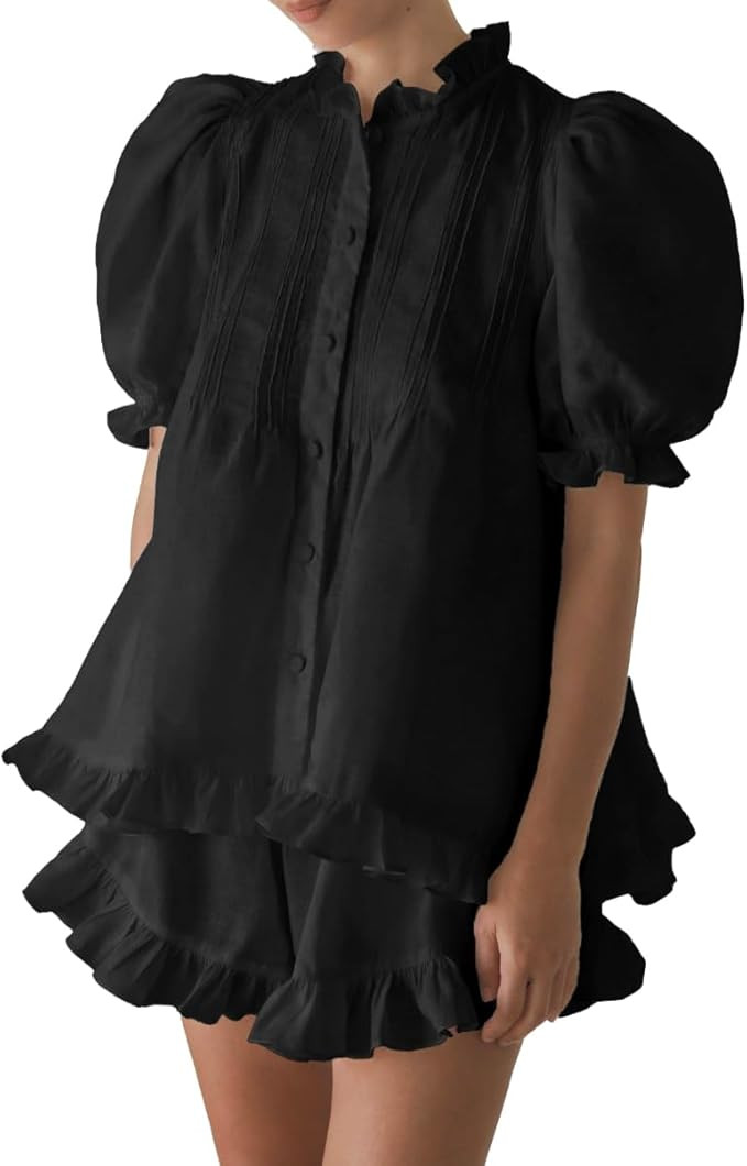Women Ruffle 2 Piece Sets Fashion Puff Sleeve Button Down Shirts and Shorts Cotton Pajamas Sets | Amazon (US)