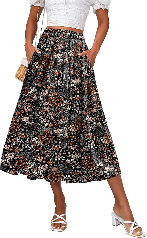 Zeagoo Women's Midi Skirts High Waisted Pleated A-Line Swing Skirts Summer Long Skirts with Pocke... | Amazon (US)