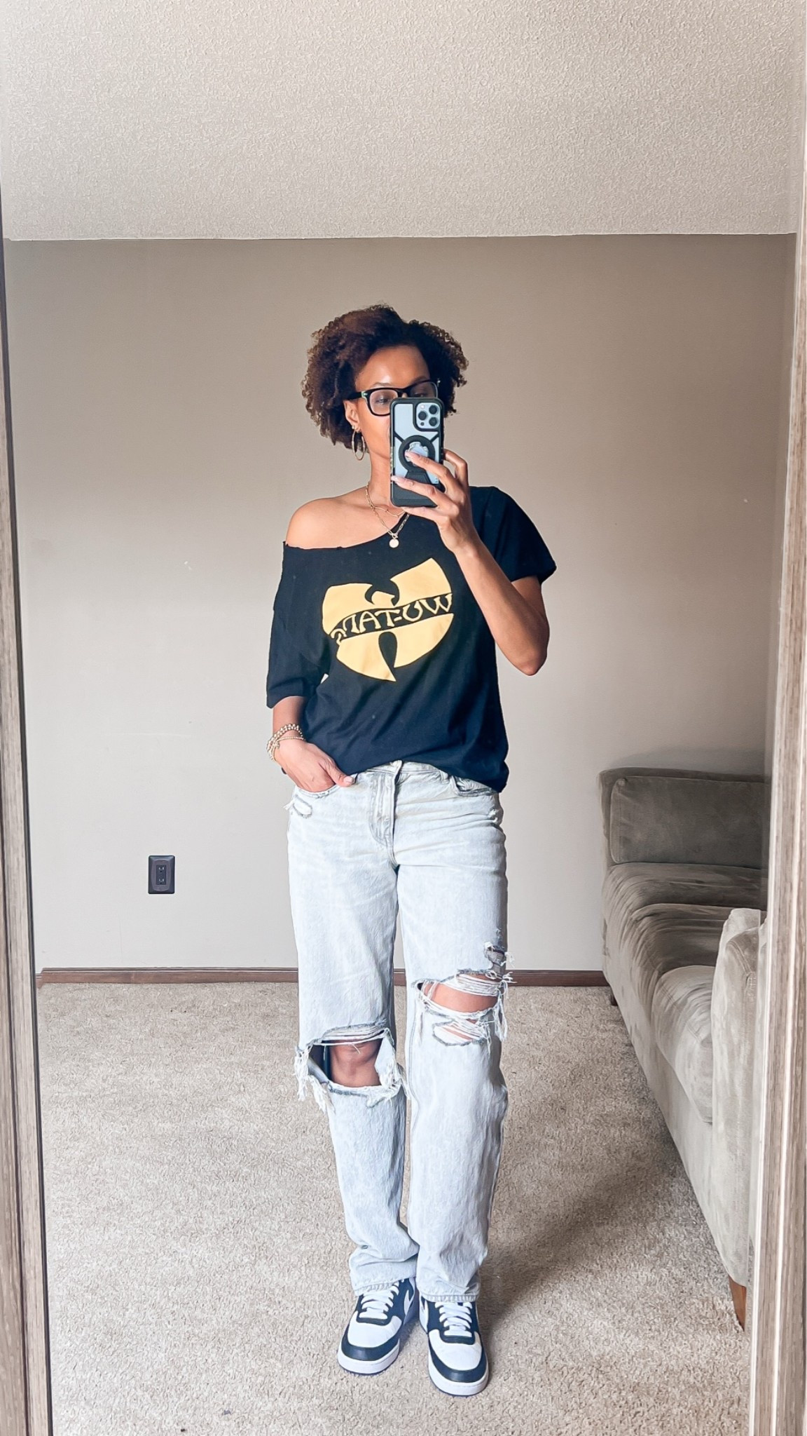 Just a chill day. Sometimes I like to cut the collar out of my graphic tees so they hang off the shoulder a bit. Jeans are from my closet, but I linked a few similar ones.

#LTKootd #LTKOver40 #LTKTall