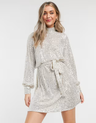 Pretty Lavish sequin balloon sleeve mini dress in silver | ASOS (Global)