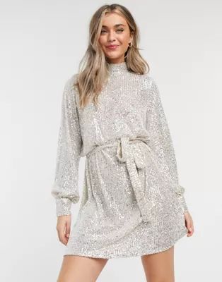 Pretty Lavish sequin balloon sleeve mini dress in silver | ASOS (Global)