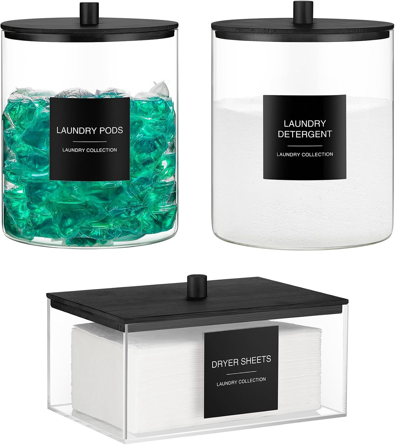 Glass Jars and Acrylic Dryer Sheet Holder, Laundry Pods Container with Bamboo Lid and 27 Labels, Powder Detergent Containers for Laundry Room Organization, Storage Jars Set (3 Pack, Black) | Amazon (US)