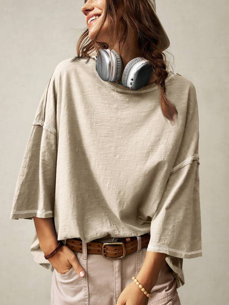 Bohemela Casual Solid Color Knit Round Neck 3/4 Sleeve Loose Washed T-Shirt | SHEIN