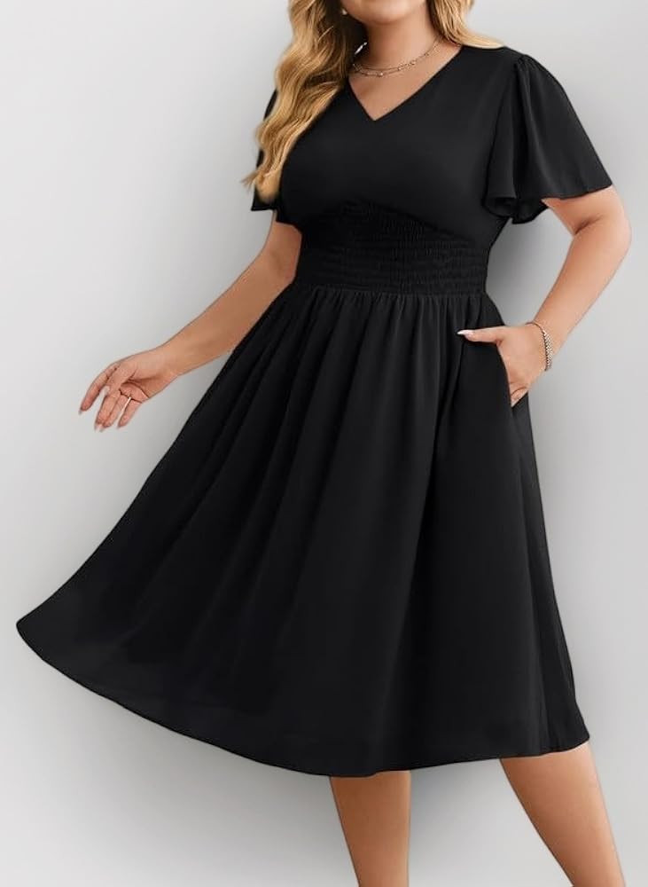 Hanna Nikole GroßE GrößE Damen Chiffon-Kleider RüSchenäRmel Freizeitkleider Halbformelles So... | Amazon (DE)