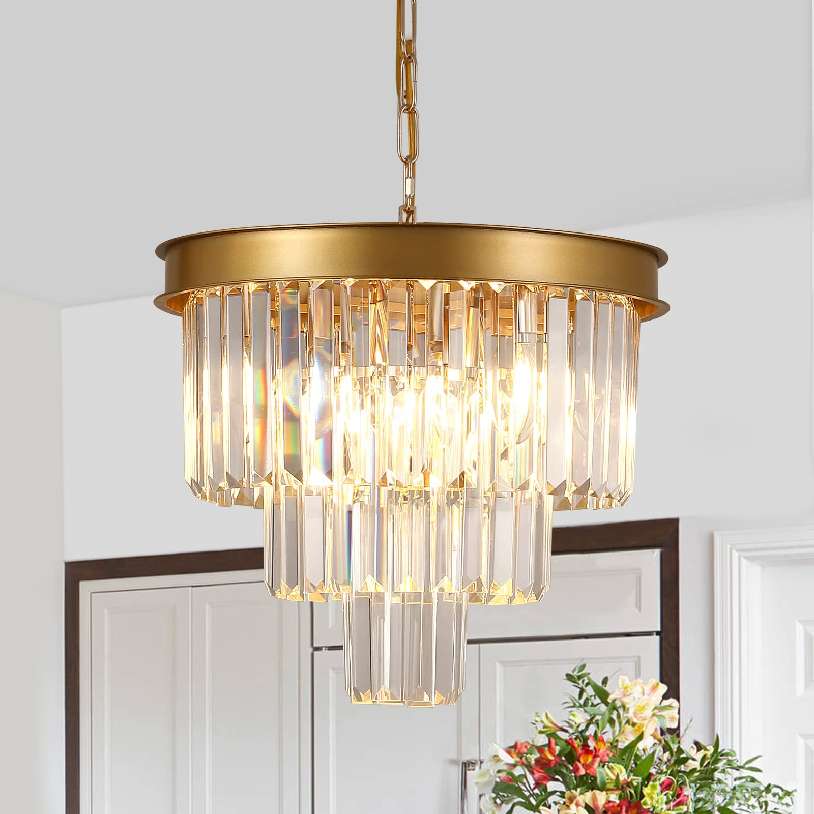 AXILIXI Gold Crystal Chandeliers 16” Modern Ceiling Pendant Light Fixture for Dining Room Dimma... | Amazon (US)