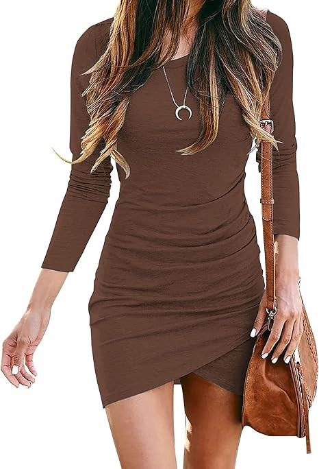 BTFBM Fall Dresses for Women 2025 Basic Casual Crew Neck Long Sleeve Ruched Bodycon Short T Shirt... | Amazon (US)