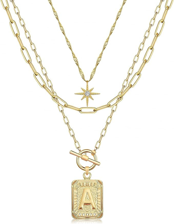 MJartoria 14K Gold Plated Layered Initial Necklaces for Women Trendy, Simple Square Letter A Neck... | Amazon (US)
