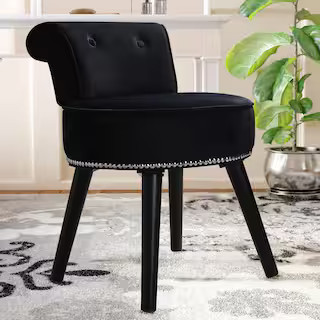 Black Wood Upholstered Vanity Stool Round Velvet 17.3 in. W x 15.7 in. D x 25.1 in. H | The Home Depot