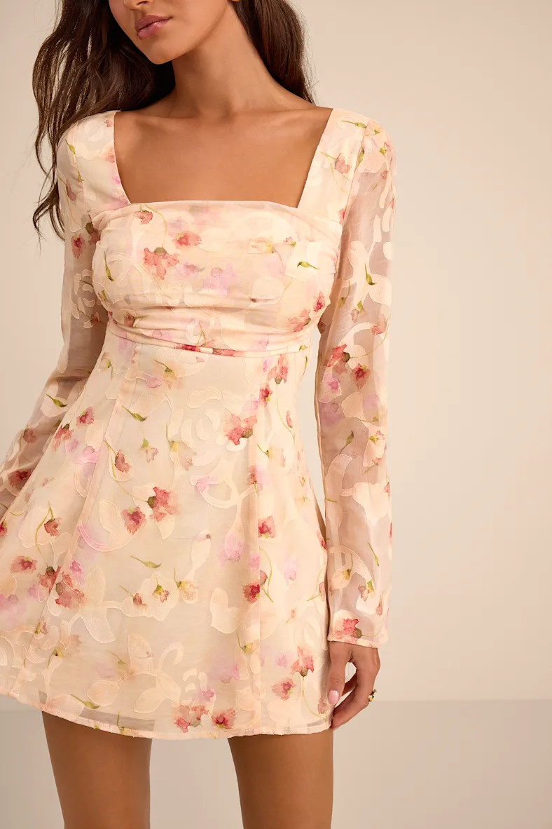 Rieti Cream Floral Burnout Long Sleeve Mini Dress | Lulus