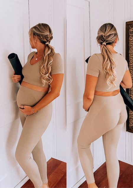 Maternity workout set from amazon. Also comes in black and brown✨ it does have the little “butt scrunching” effect of which makes your booty shape look flattering, I love it! 

#LTKfitness #LTKbump