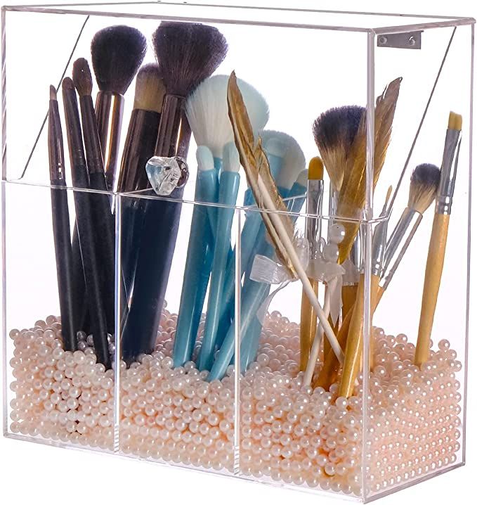 Makeup Brush Holder with Decorative Pink Pearls, 3-Slot Personal Organizer with Closable Protecti... | Amazon (US)