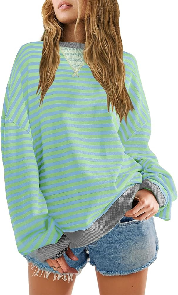 SENSERISE Womens Oversized Classic Striped Crewneck Sweatshirts Long Sleeve Color Block Shirts Ca... | Amazon (US)