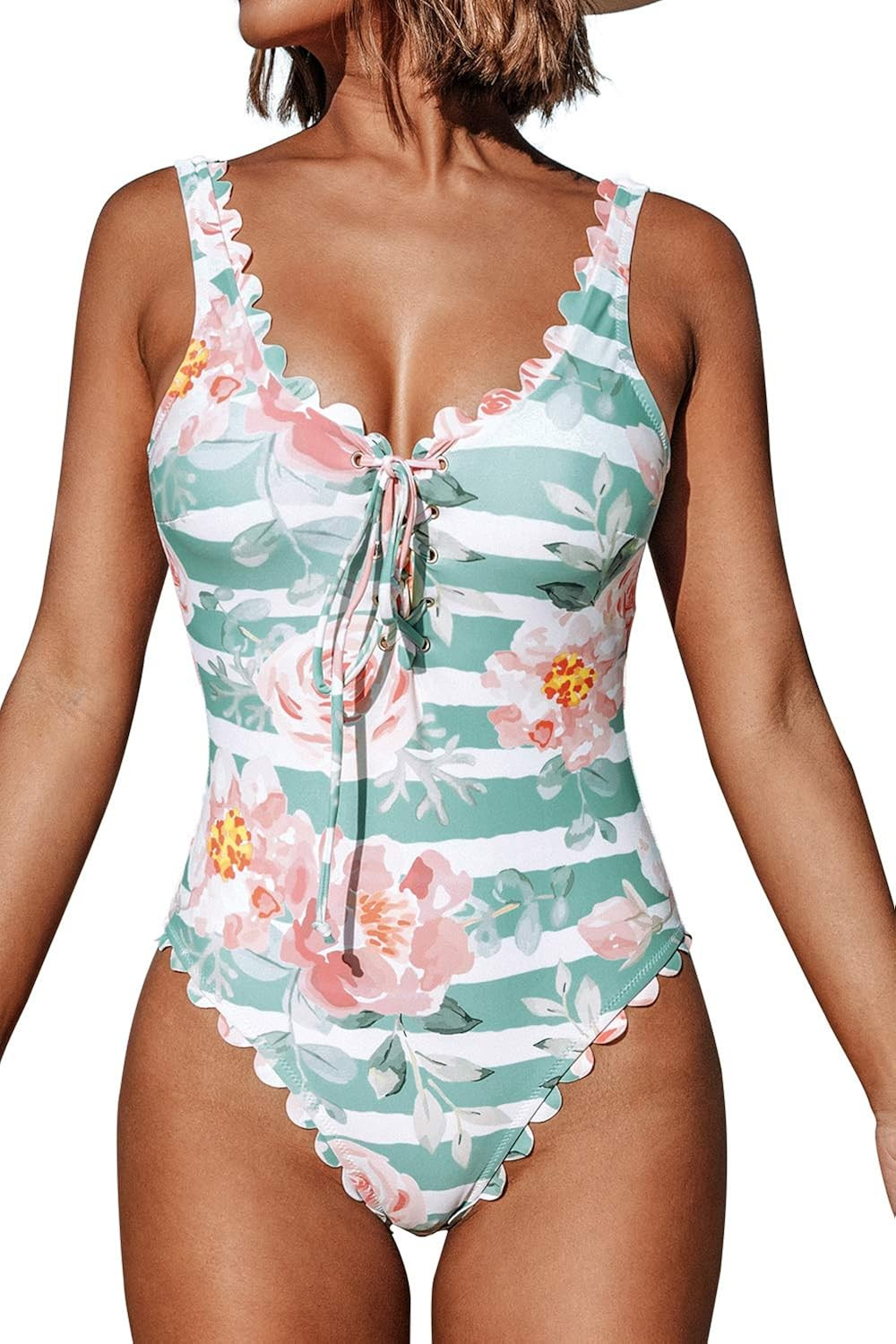 CUPSHE Women's Floral Knotted V Neck Double Straps Scalloped One Piece Swimsuit | Amazon (US)