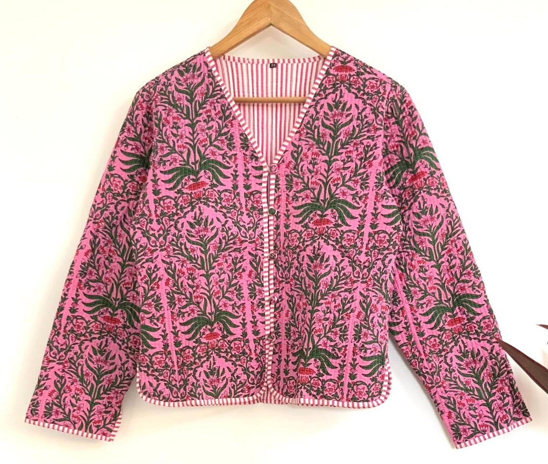 Beautiful Pink Floral 100% Cotton Handmade Reversible Light Weight Quilted Short Jacket,womenwear... | Etsy (UK)