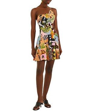 Farm Rio Tropical Painting Multicolor One-Shoulder Sleeveless Linen Blend Mini Dress - M | Dillard's