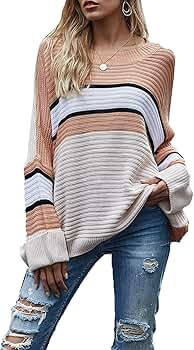 Murimia Women's Color Block Striped Oversized Sweater Long Sleeve Casual Loose Knit Pullover Tops | Amazon (US)