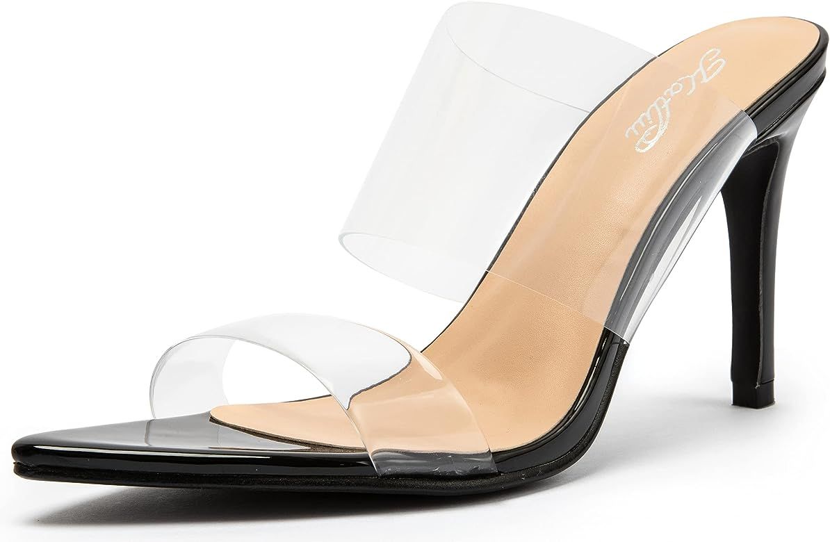Katliu Women's Clear Pointed Toe Heels Sandals Transparent Strap Stiletto High Heels Slip on Mules H | Amazon (US)