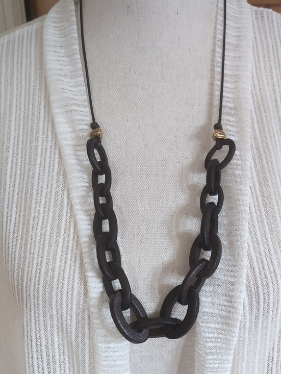 J. Jill Chunky Brown Wood Link Necklace w/ Gold Accents Adjustable Cord NWT $64 | Poshmark