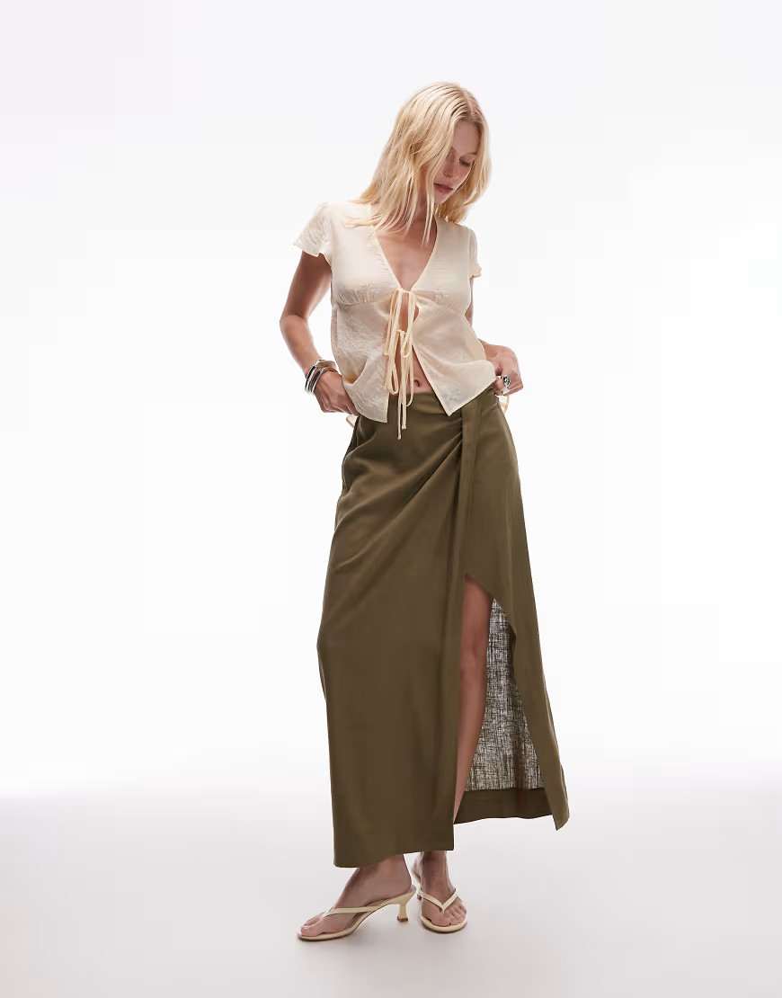 Topshop linen sarong maxi skirt in green | ASOS (Global)