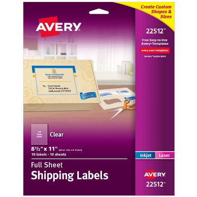 Avery Shipping Labels, 8.5" x 11", Matte Clear Labels, Permanent, Laser/Inkjet, 10 Printable Labels (22512) | Target